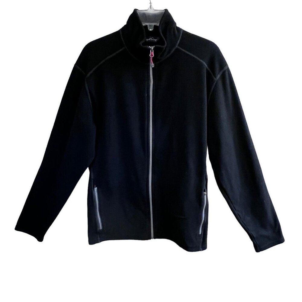 Eddie Bauer Mens Black Fleece Full Zip Jacket L Pockets Light Weight Logo READ